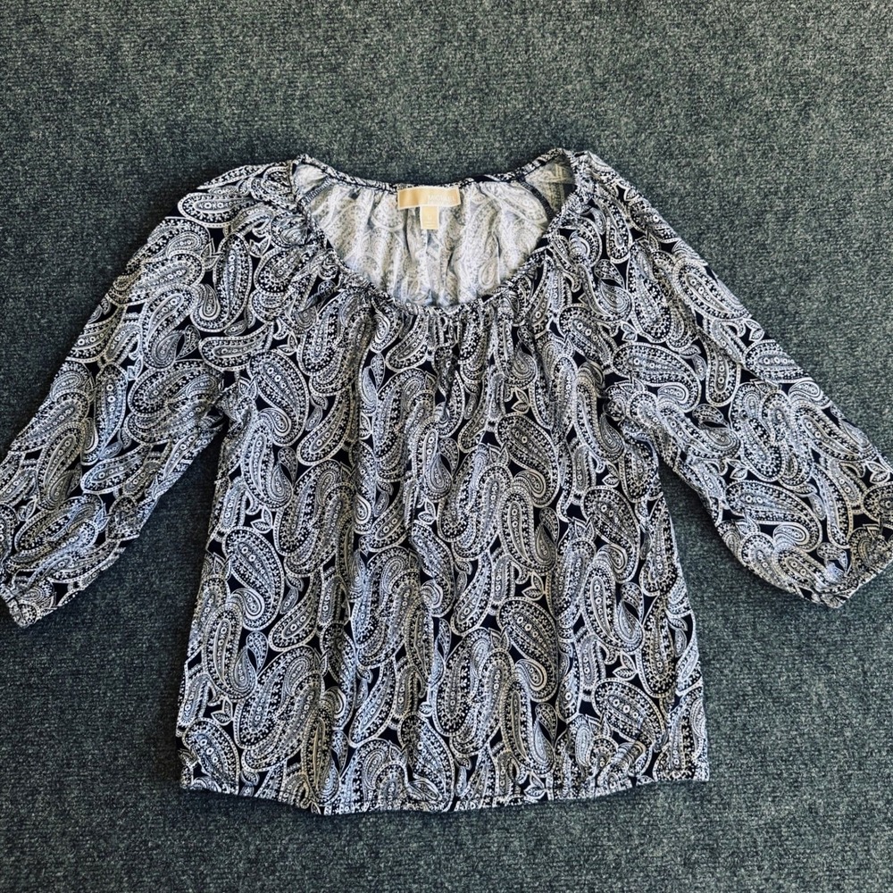 Michael Kors Boho Chic Navy White Paisley Peasant Blouse 3/4 Sleeve Elastic M